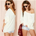 Fashion Sweater Strapless Design Back Deep V Bubble Sleeve Loose - White