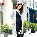 Sweater Solid Pocket Size V-Neck Long Hollow Ladies Knitted Cardigan Coat - Grey
