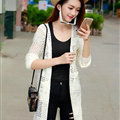 Sweater Solid Pocket Size V-Neck Long Hollow Ladies Knitted Cardigan Coat - White