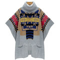 Winter Sweater Patchwork Batwing Half Sleeve Jacquard Turtleneck Knitted Loose Pullover - Grey