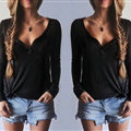 Women Sweater V Collar Long Sleeved Shirt Solid Cotton - Black