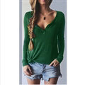 Women Sweater V Collar Long Sleeved Shirt Solid Cotton - Green