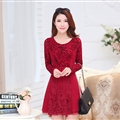 Fashion Dresses Women Winter Leopard Print Lace Long Sleeved - Red