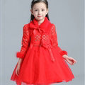 Cute Dresses Winter Flower Girls Bowknot Velvlet Wedding Party Dress - Red