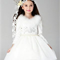 Cute Dresses Winter Flower Girls Velvet Long Sleeve Wedding Party Dress - White