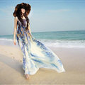 Elegant Dresses Summer Women Sundresses Printed Beach Long Chiffon Bohemian - Blue