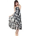 Elegant Dresses Summer Women V-Neck Printed Beach Long Chiffon Bohemian - Black