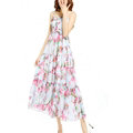 Elegant Dresses Summer Women V-Neck Printed Beach Long Chiffon Bohemian - Pink White