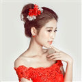 Lace Flower Bride Hair Barrettes Clip Women Headbands Wedding Accessories - Red