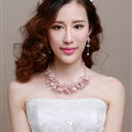 Pearl Crystals Beads Yarn Flower Bridal Tiaras Necklace Earring Women Wedding Jewelry Sets 3pcs - Pink