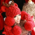 Cute Little Elk Antlers Knitted Wool Beanies Caps Winter Warm Devil Ears Fur Ball Hats - Red