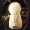 Fashion Women Diamond Elephant Knitted Wool Hats Winter Fox Fur Pom Poms Caps - White