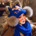 Retro Embroidered Little Dear Knitted Wool Beanies Caps Winter Warm Cat Ears Fur Ball Hats - Blue