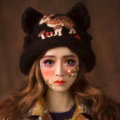 Retro Embroidered Little Dear Knitted Wool Beanies Caps Winter Warm Cat Ears Hats - Coffee