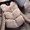 Leather Sleeve Cute Elegant Faux Fox Fur Vest Fashion Women Overcoat - Khaki