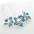 Hair Jewelry Rhinestone Crystal Flower Pearl Metal Hairpin Clip Comb Pin - Blue