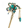 Retro Butterfly Tassel Rhinestone Crystal Hairpin Hair Clasp Clip Fork Stick - Green