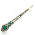 Retro Flower Pattern Crystal Rhinestone Hairpin Hair Clasp Clip Fork Stick - Green