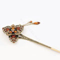 Retro Flower Tassel Rhinestone Crystal Hairpin Hair Clasp Clip Fork Stick - Coffee