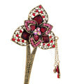 Retro Flower Tassel Rhinestone Crystal Hairpin Hair Clasp Clip Fork Stick - Red