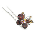 U Shape HairPin Crystal Rhinestone Butterfly Metal Hair Comb Clip Fork Stick - Brown