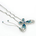 U Shape HairPin Crystal Rhinestone Butterfly Tassel Hair Comb Clip Fork Stick - Blue