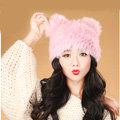 Child kids Rabbit Fur Hat Knitted Thicker Winter Warm Cute Baby female Caps - Pink