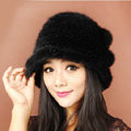 Fashion Women Mink hair Fur Hat Winter Thicker Warm Handmade Knitted Caps - Black