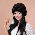 Women Knitted Mink hair Fur Hat Winter Warm Handmade Flower fur ball Caps - Black Brown