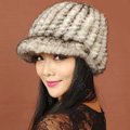 Women Knitted Mink hair Fur Hats Winter Warm Whole Leather Peaked Caps - Beige