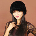 Women Knitted Mink hair Fur Hats Winter Warm Whole Leather Peaked Caps - Black