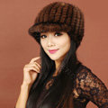 Women Knitted Mink hair Fur Hats Winter Warm Whole Leather Peaked Caps - Brown