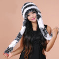 Women Knitted Rex Rabbit Fur Hats Thicker Winter Ear protector Scarf Warm Caps - Black White