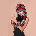 Women Knitted Rex Rabbit Fur Hats Thicker Winter Ear protector Scarf Warm Caps - Red Brown