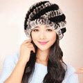Women Knitted Rex Rabbit Fur Hats Thicker Winter Handmade Thermal Twill Caps - Brown Black