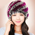 Women Knitted Rex Rabbit Fur Hats Thicker Winter Handmade Thermal Twill Caps - Brown Purple