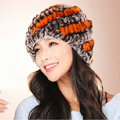 Women Knitted Rex Rabbit Fur Hats Thicker Winter Handmade Thermal Twill Caps - Coffee Orange