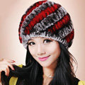 Women Knitted Rex Rabbit Fur Hats Thicker Winter Handmade Thermal Twill Caps - Coffee Red