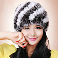 Women Knitted Rex Rabbit Fur Hats Thicker Winter Handmade Thermal Twill Caps - Coffee White