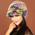 Women Knitted Rex Rabbit Fur Hats Thicker Winter Handmade Warm Peaked Caps - Multicolor