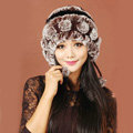 Women Knitted Rex Rabbit Fur Hats Thicker Winter Warm Ear protector Caps - Brown Black