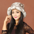 Women Knitted Rex Rabbit Fur Hats Thicker Winter Warm Flower Ear protector Caps - White
