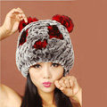 Women Rex Rabbit Fur Hats Knitted Thicker Winter Warm Cute Panda Caps - Black Red