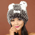 Women Rex Rabbit Fur Hats Knitted Thicker Winter Warm Cute Panda Caps - Black White