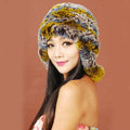Women Rex Rabbit Fur Hats Knitted Thicker Winter Warm fur ball Ear protector Caps - Yellow