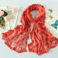 High end fashion embroidery flower lace silk long scarf shawl women wrap scarves - Orange
