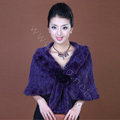 Winter Women's Genuine Knitting Mink Fur Shawls Warm Wraps Female Slim Poncho - Purple