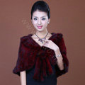 Winter Women's Genuine Knitting Mink Fur Shawls Warm Wraps Female Slim Poncho - Red