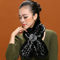 Winter women warm knitted Rex rabbit fur scarf female Flower neck wraps - Black Grey