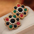 Luxury fashion women flower color gems pearls earrings 18k gold - Multicolor